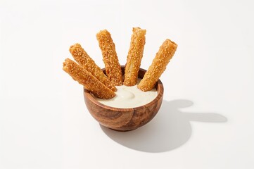 A tiny wooden vessel holding smooth soy milk, encircled by crunchy, golden fried dough sticks.