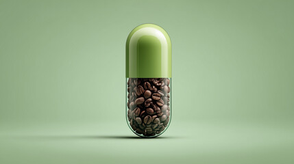 Green and Transparent Pill Capsule Filled with Coffee Beans &ndash; Surreal Top View on White Gradient Background