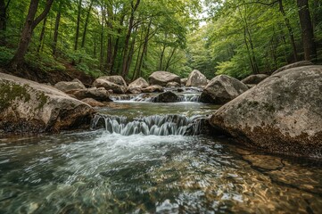 Naklejka premium A tranquil scene with clear water cascading over brown stones.