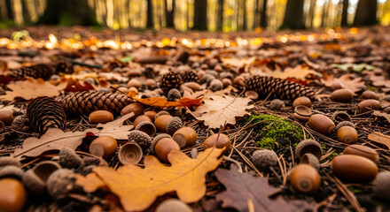 Fallen autumn leaves, acorns, and pine cones on forest ground