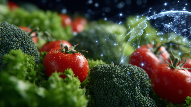 Close-up of fresh vegetables, tomatoes, broccoli, and peppers in foreground, faint digital globe overlay with transport lines glowing softly, symbolizing international logistics