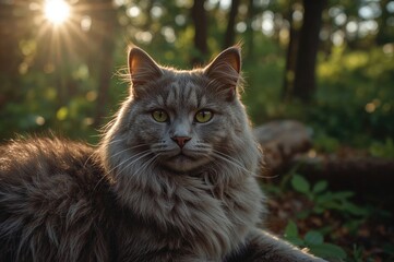 A lovely silver feline basking in sunlight amidst the woods