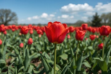 Obraz premium A stunning red tulip blooming in a vibrant spring meadow
