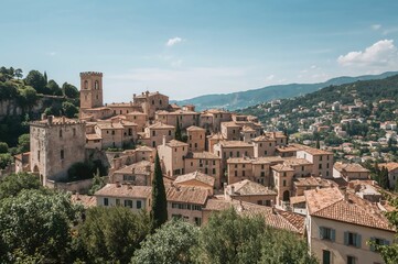 Obraz premium Medieval settlement in the Mediterranean region, scenic architecture and landscape, ideal for vacation and tourism