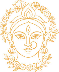 elegant monochrome line art illustration of Maa Durga’s face