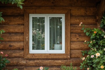 A countryside cabin featuring a white-framed window with a mosquito screen, overlooking a vibrant flower garden