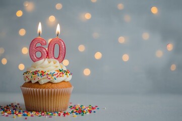 Delicious cupcake topped with lit candles shaped as the number sixty on a grey backdrop with soft glowing lights and room for text. Bokeh style.