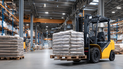 Fototapeta premium Industrial logistics focus, wheat stored on pallets ready for shipment, forklift paths visible, high ceilings and structural beams providing scale and depth