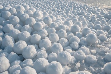Obraz premium A pile of snowballs scattered on the snowy ground at the start of spring. The final remnants of fragile snow crystals.