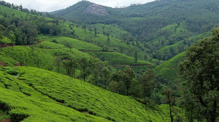 Fototapeta premium Lush tea plantations on rolling hills.