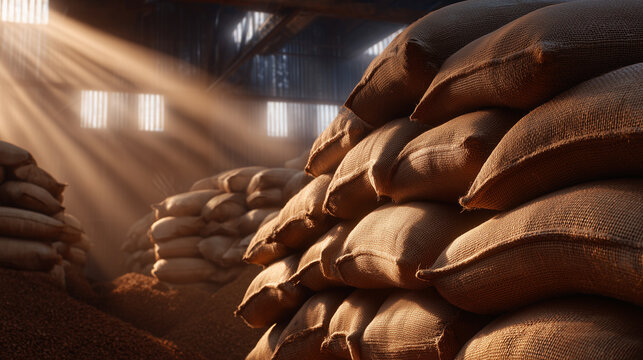 Low-angle perspective, towering stacks of wheat bags, industrial lighting creating dramatic highlights and shadows, conveying the enormity of stored grains