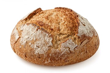 A golden crusted artisan loaf with rustic texture and flour dusting, set against a white background