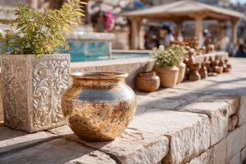 Elegant Decorative Pot and Potted Plant Featuring Ancient Architectural Elements in a Sunlit Outdoor Market Setting