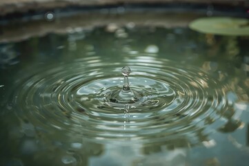 A solitary droplet disturbs calm water, forming circular waves against a soft-focus backdrop