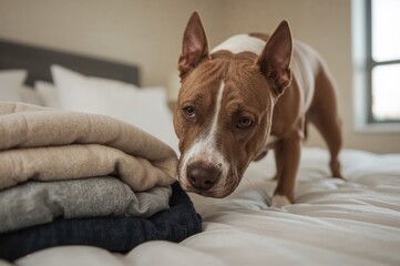 Staffordshire dog investigating fabric beside garments on a mattress