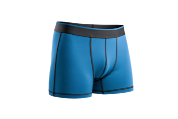 Blue men's boxer briefs with black waistband and contrast stitching throughout, isolated on a transparent background