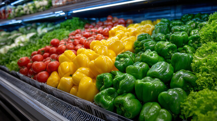 High-angle shot, abundant fresh vegetables displayed neatly in refrigerated compartments, plump tomatoes, green peppers, and lettuce forming a vivid mosaic under bright, cool light