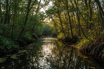 Obraz premium A river flowing through a marshy woodland with lush greenery during a summer sunset under a clear sky