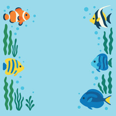 Underwater fish and seaweed border on light blue