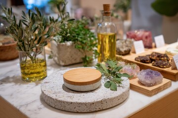 Elegant Display of Fresh Herbs and Olive Oil on Marble Countertop with Crystal Decor and Gourmet Snacks in a Cozy Kitchen Setting
