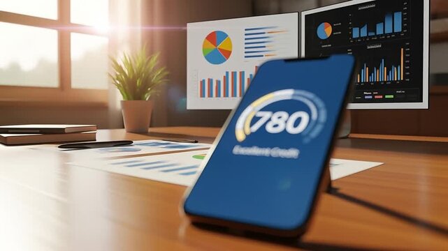 A Close-Up View of a Smartphone Displaying a Credit Score of 780, Signifying Excellent Creditworthiness Amidst Financial Analysis Visuals in a Modern Workspace