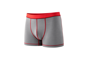 Light gray men's boxer briefs with red waistband and red topstitching, isolated on a transparent background