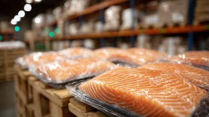 Close-up of salmon packages, glistening fillets visible through clear packaging, stacked in precise rows on pallets, warehouse shelving softly blurred in background