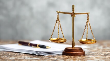 Justice and Fairness: A symbolic depiction of justice, with an antique balance scale and a pen resting upon a stack of legal documents, highlighting the scales of justice and fairness.