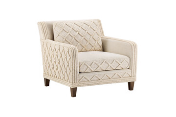Cream knitted armchair with diamond pattern upholstery and dark wooden legs furniture, isolated on a transparent background