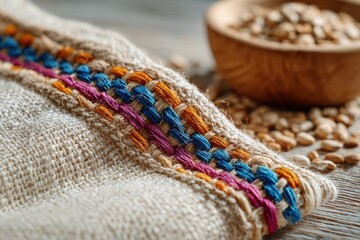 Close-Up of Artistic Textile With Colorful Embroidery Thread and Natural Seeds on Wooden Table Surface, Perfect for Craft and Fabric Related Content