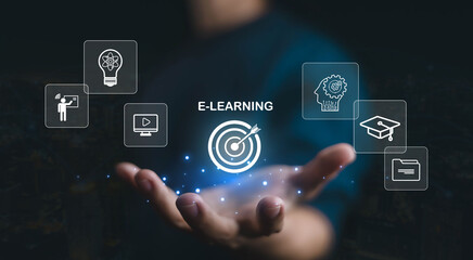 Modern e-learning concept with digital icons of online education, virtual training, knowledge sharing, and technology innovation for remote study and professional development.