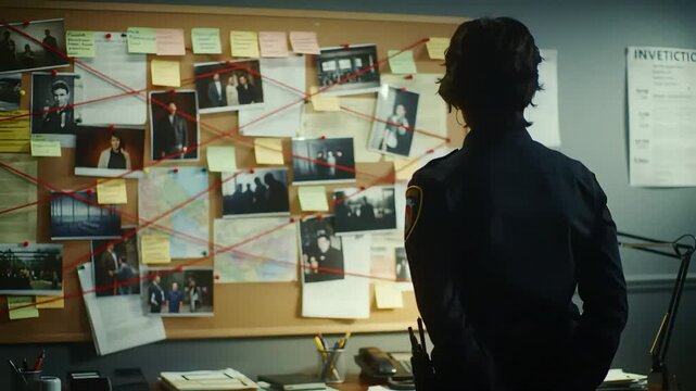Detective Investigates Crime Scene: Evidence Board with Photos and Red String