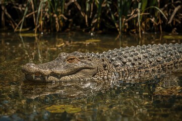 Fototapeta premium Mature Marine Crocodile Blending into Surroundings