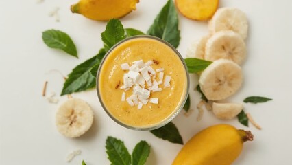 A cup of tropical mango banana smoothie flavored with coconut, suitable for vegetarian or vegan diets