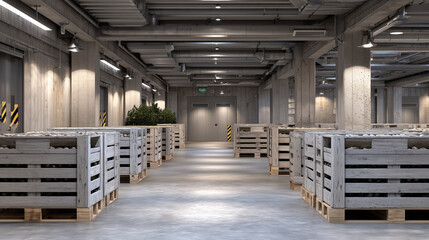 Industrial storage scene, crates of pears aligned in a spacious cold room, clean concrete floor and high ceiling with ventilation ducts, soft diffused light emphasizing pristine co
