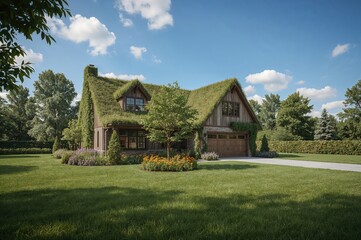 In a scenic summer setting, a contemporary home surrounded by rich greenery, colorful blossoms, and towering trees emerges as a stunning new feature in the area, harmoniously integrated.