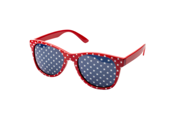 Red white blue patriotic sunglasses with star pattern frames and reflective lenses for celebration, isolated on a transparent background