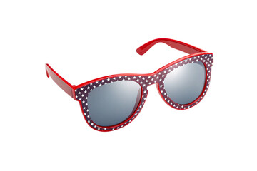 Stylish red sunglasses with white star pattern frames and silver mirrored lenses for fashion, isolated on a transparent background