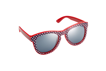 Stylish red sunglasses with white star pattern frames and silver mirrored lenses for fashion, isolated on a transparent background