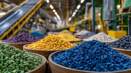 Fototapeta premium Panoramic macro view, bright factory with multiple containers of mixed colorful pellets and powders, high ceilings and clean industrial setup visible in soft focus