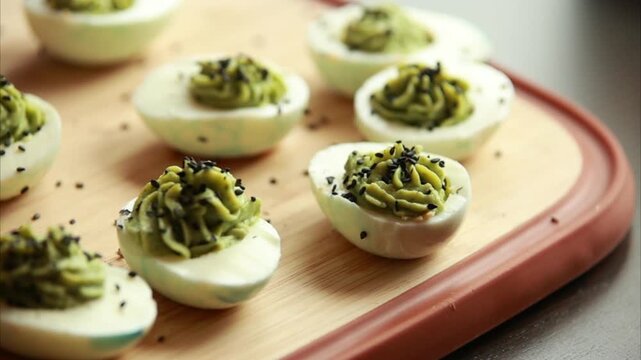 rotten-style green devil eggs served as spooky Halloween party finger food