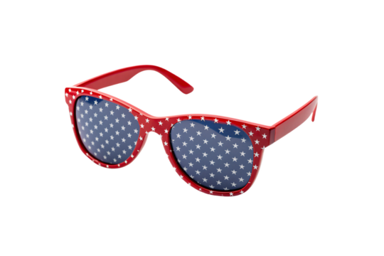 Red white blue patriotic sunglasses with star pattern frames and reflective lenses for celebration, isolated on a transparent background