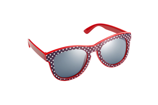 Stylish red sunglasses with white star pattern frames and silver mirrored lenses for fashion, isolated on a transparent background
