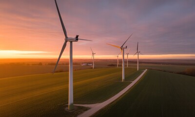 Wind turbines stretch across a field at dawn, lit by the orange and pink sky