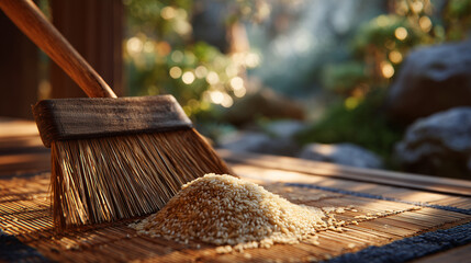 Rustic setting, wooden dustpan over a bamboo mat, rice spilling onto mat in golden light, symbolizing harvest, patience, and human effort