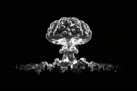 A nuclear explosion creates a mushroom cloud over an urban area, causing a seismic shockwave.