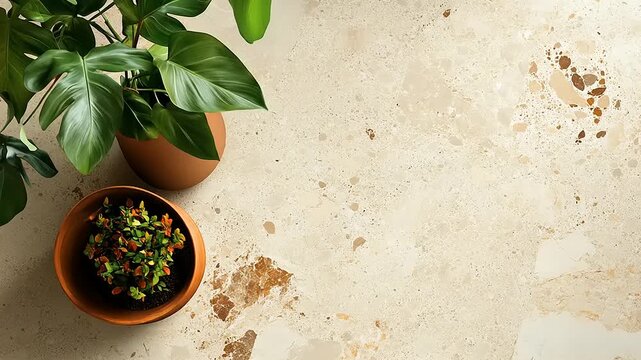Top-Down View of Potted Plants on Terrazzo - Serene Indoor Arrangement