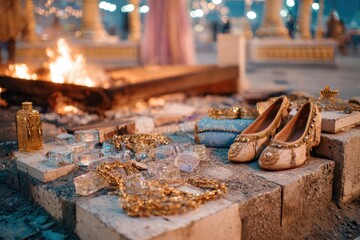 Elegant Footwear and Exquisite Jewelry Displayed Near a Traditional Fire, Creating a Captivating Atmosphere of Heritage and Celebration in a Cultural Setting at Night