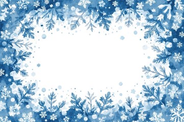 A winter-themed card featuring an abstract blue and white watercolor snow pattern that elegantly surrounds a Christmas illustration, inviting guests to a festive event