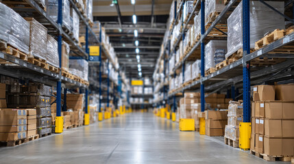 Epic warehouse panorama, crates and pallets arranged in neat rows, shelves of packaged foods extending into the distance, ambient industrial lighting emphasizing scale and cleanlin